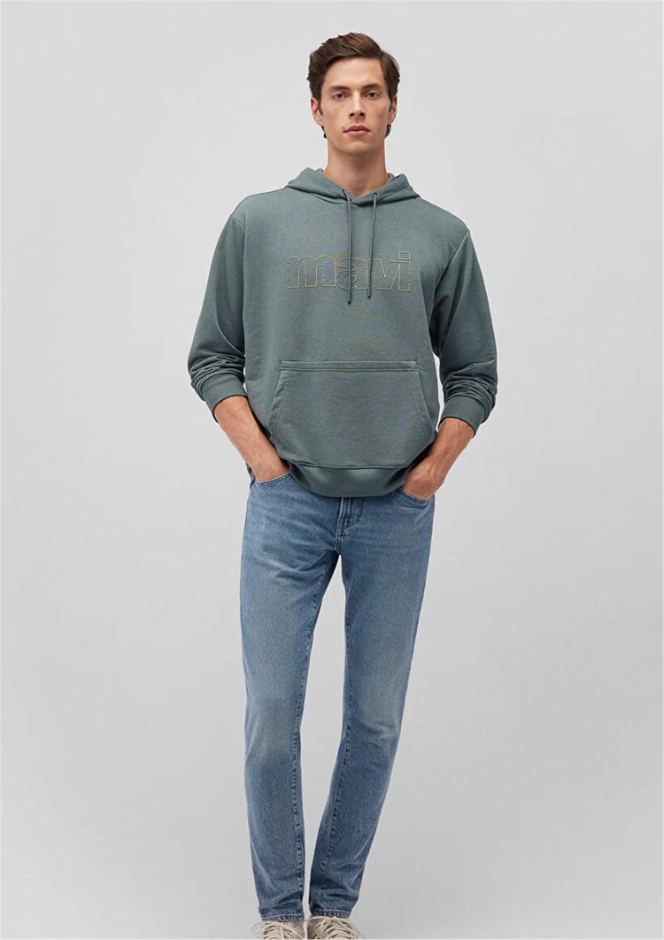 Mavı M0S10196-71577 Soluk Yesıl Erkek Loose Mavı Kapusonlu Sweatshırt