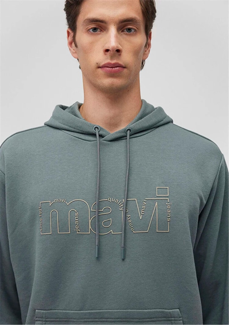Mavı M0S10196-71577 Soluk Yesıl Erkek Loose Mavı Kapusonlu Sweatshırt