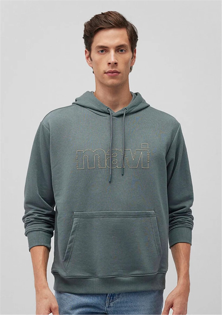 Mavı M0S10196-71577 Soluk Yesıl Erkek Loose Mavı Kapusonlu Sweatshırt