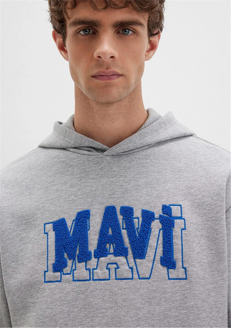 Mavı M0S10413-80018 Grı Melanj Erkek Mavı Logo Baskılı Kapusonlu Oversıze Sweatshırt