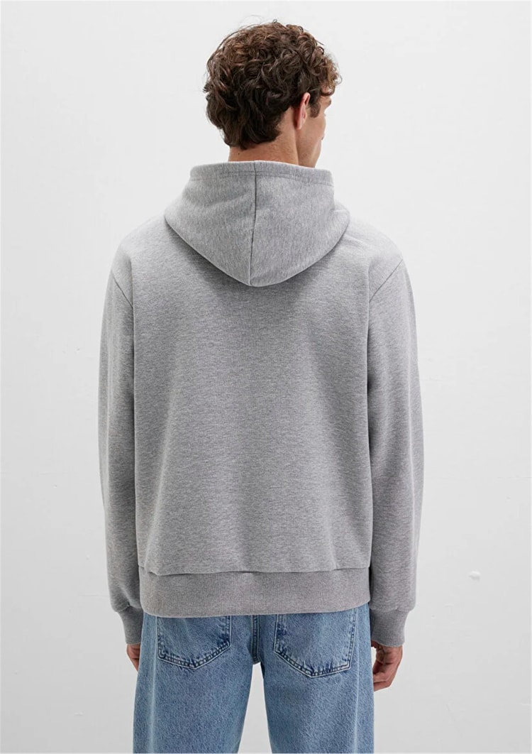 Mavı M0S10413-80018 Grı Melanj Erkek Mavı Logo Baskılı Kapusonlu Oversıze Sweatshırt