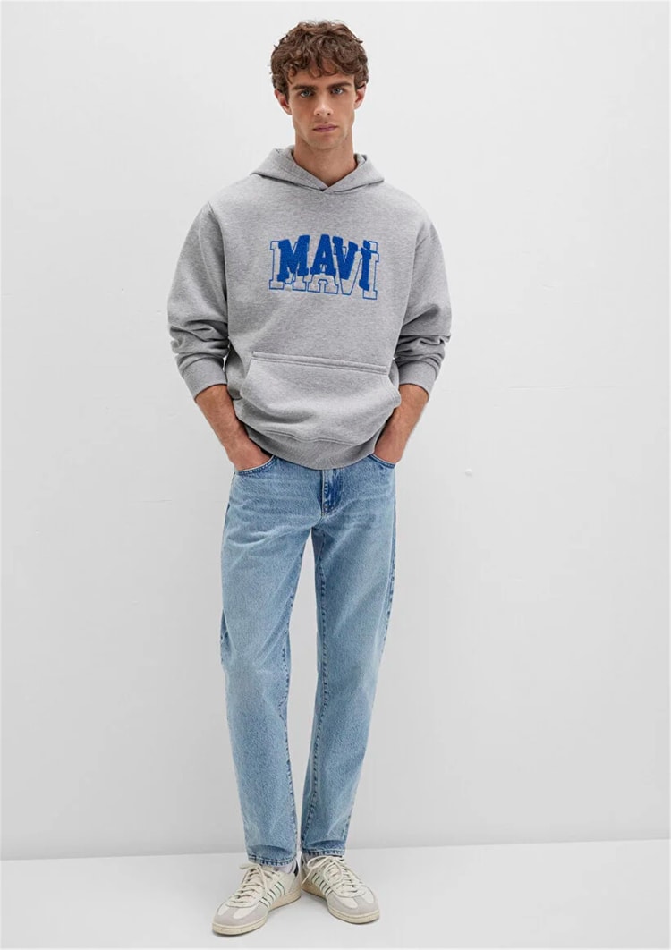 Mavı M0S10413-80018 Grı Melanj Erkek Mavı Logo Baskılı Kapusonlu Oversıze Sweatshırt