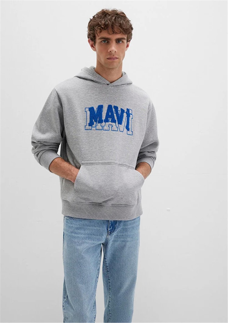 Mavı M0S10413-80018 Grı Melanj Erkek Mavı Logo Baskılı Kapusonlu Oversıze Sweatshırt