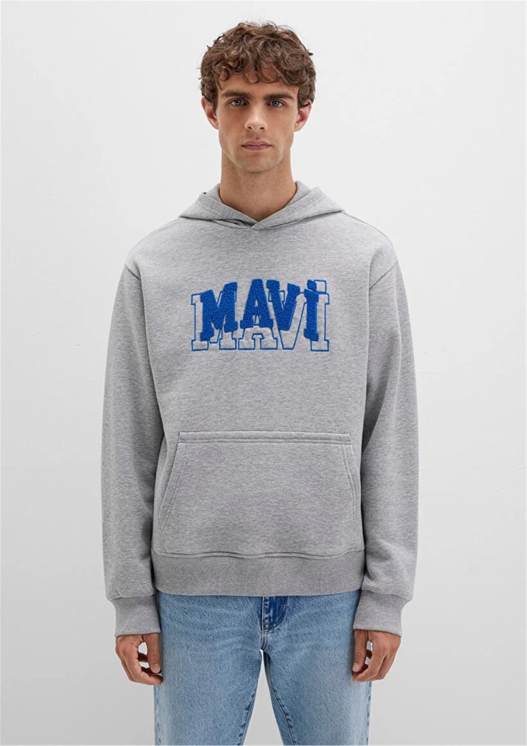 Mavı M0S10413-80018 Grı Melanj Erkek Mavı Logo Baskılı Kapusonlu Oversıze Sweatshırt