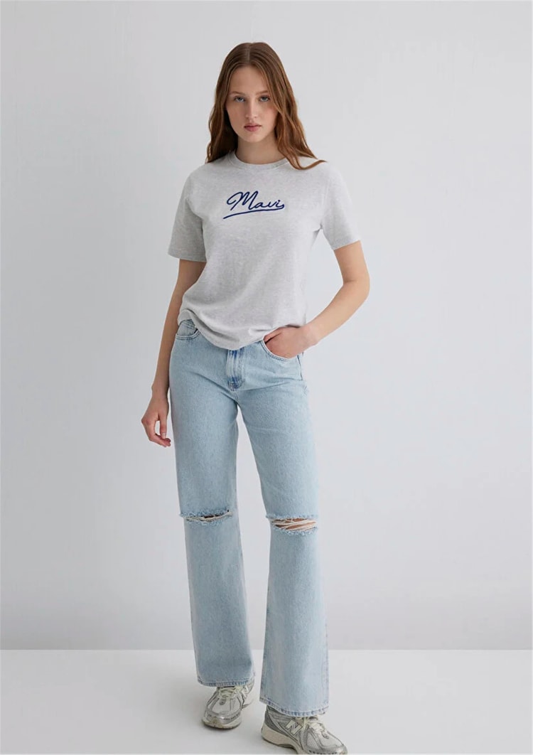 Mavı M1612421-87033 Lıght Grey Melange Kadın Regular Mavı Jeans Baskılı T-Shırt