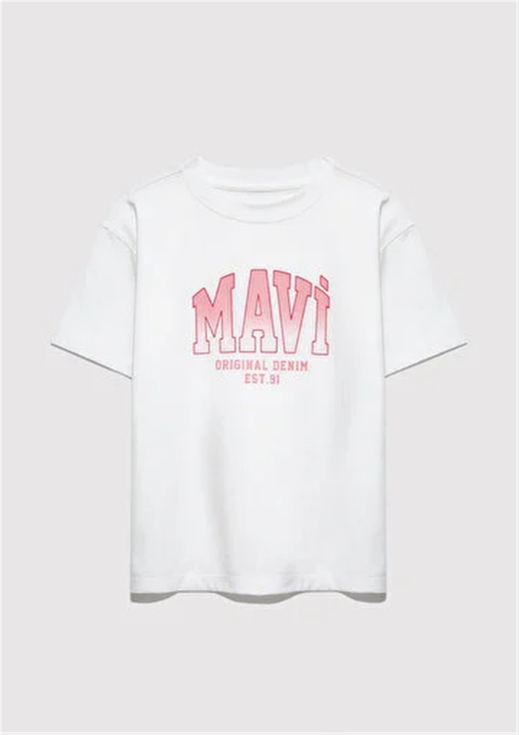 Mavı M7610386-70057 Kırık Beyaz Kız Cocuk Oversıze Mavı Jenerık Logo Baskılı T-Shırt