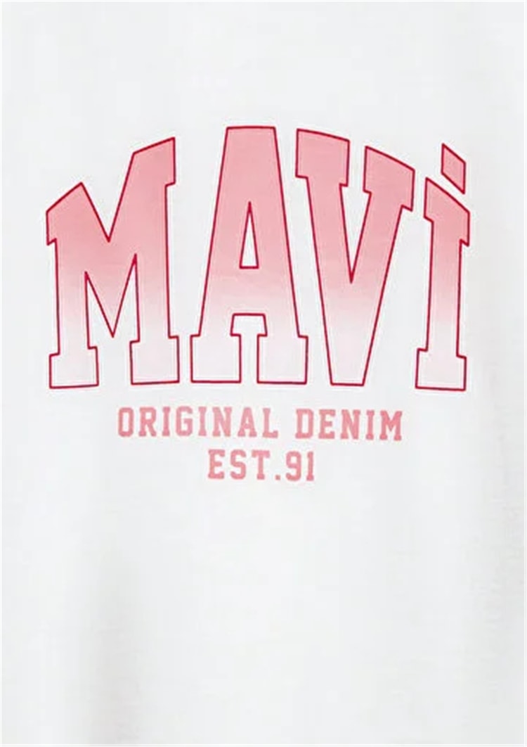 Mavı M7610386-70057 Kırık Beyaz Kız Cocuk Oversıze Mavı Jenerık Logo Baskılı T-Shırt