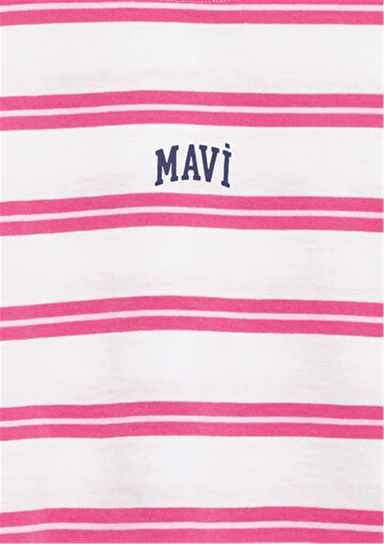 Mavı M7610387-91358 Grı Kız Cocuk Oversıze Mavı Logo Baskılı Cızgılı Crop T-Shırt