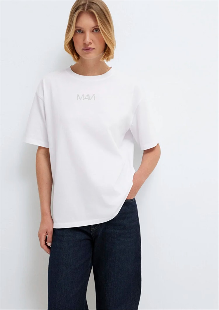 Mavi Y26 M1613884-620 Beyaz Kadın Oversıze Mavi Baskılı T-shirt