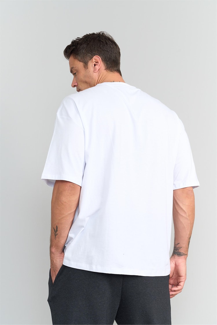 Mentality 3407 Erkek Bisiklet Yaka Oversize Penye T-shirt Beyaz