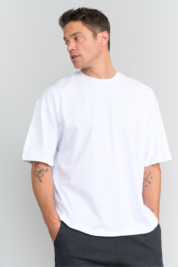 Mentality 3407 Erkek Bisiklet Yaka Oversize Penye T-shirt Beyaz