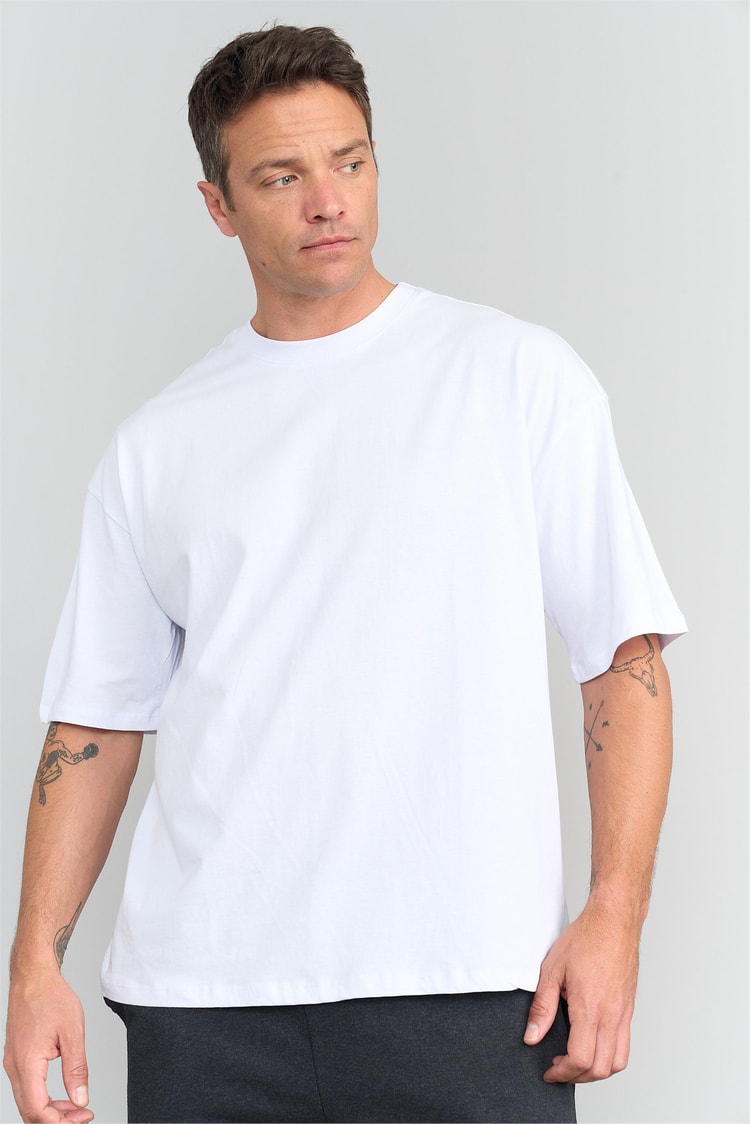 Mentality 3407 Erkek Bisiklet Yaka Oversize Penye T-shirt Beyaz