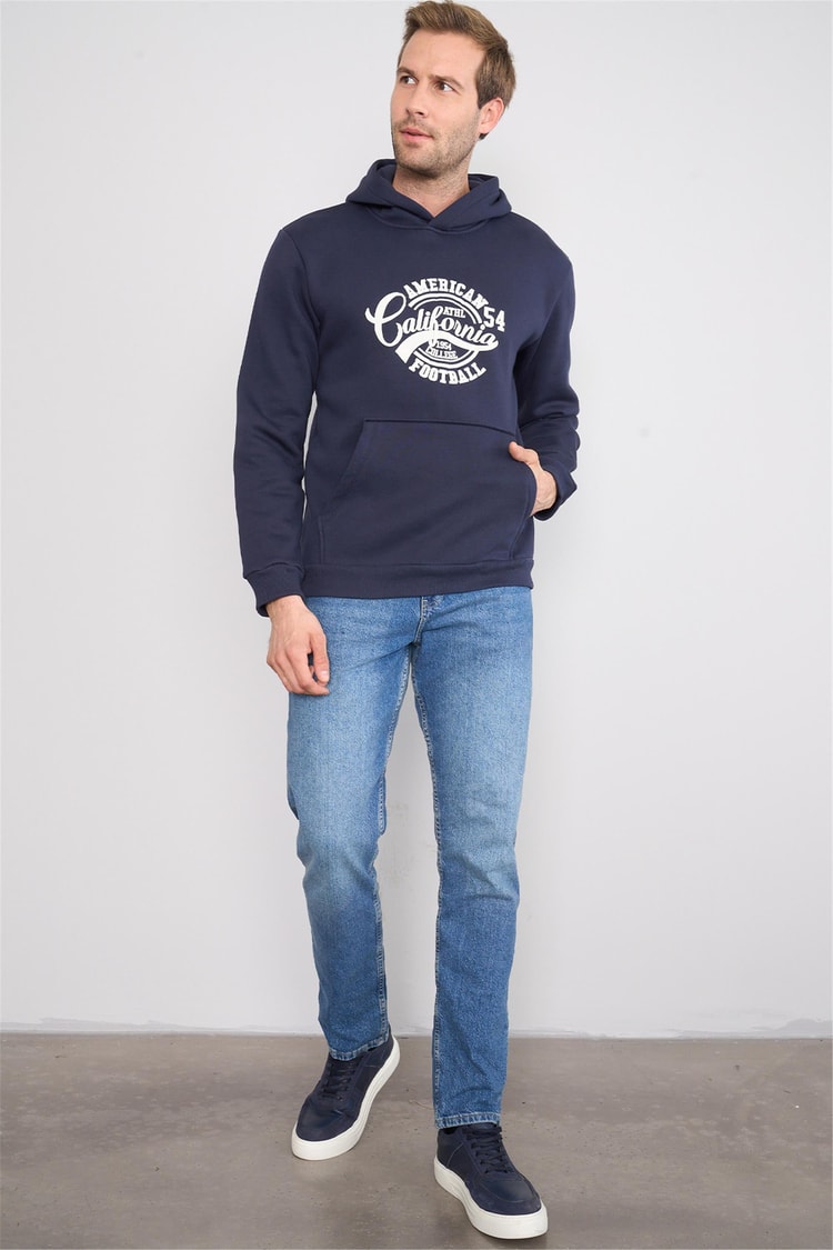 Mentality 3416 Kapüşonlu 3 İplik Şardonlu Kanguru Cep Lacivert Sweatshirt