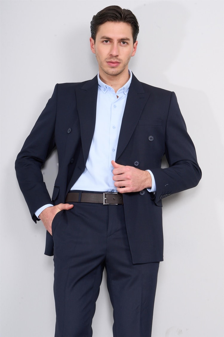 Mentality 3474 Erkek Yunter Loco Kruvaze Sivri Yaka Slimfit Takım Elbise Lacivert
