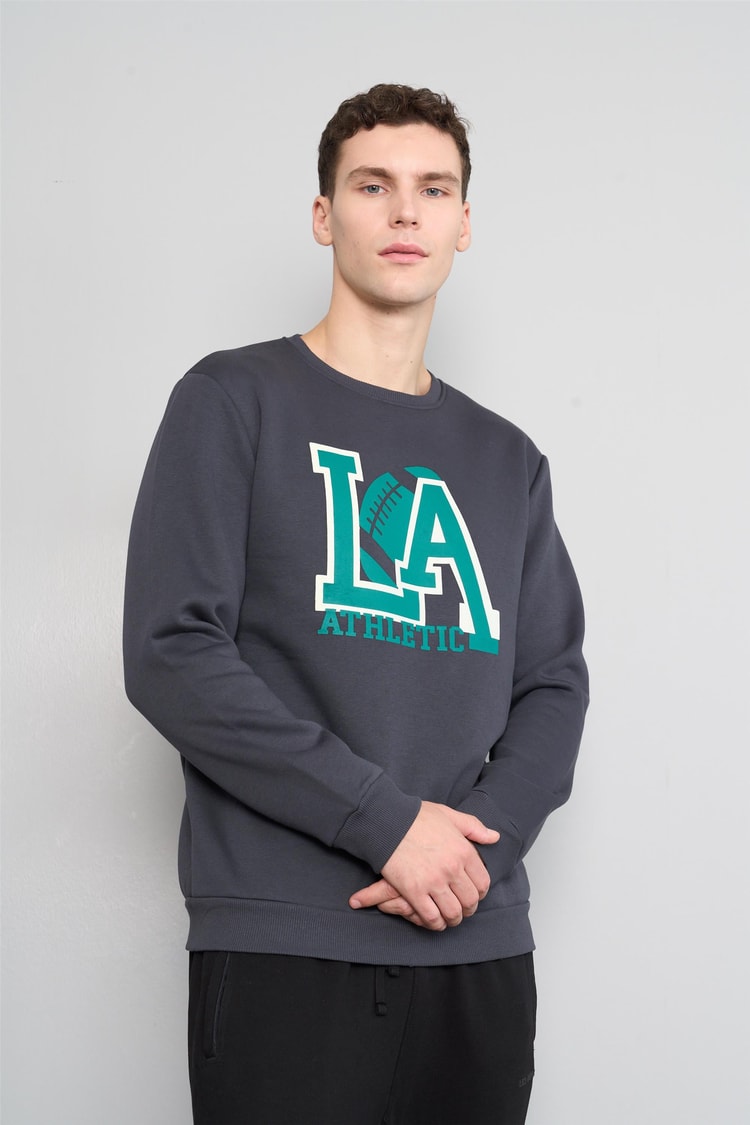 Mentality 3539 Bisiklet Yaka 3 İplik Şardonlu Baskılı Açık Lacivert Sweatshirt