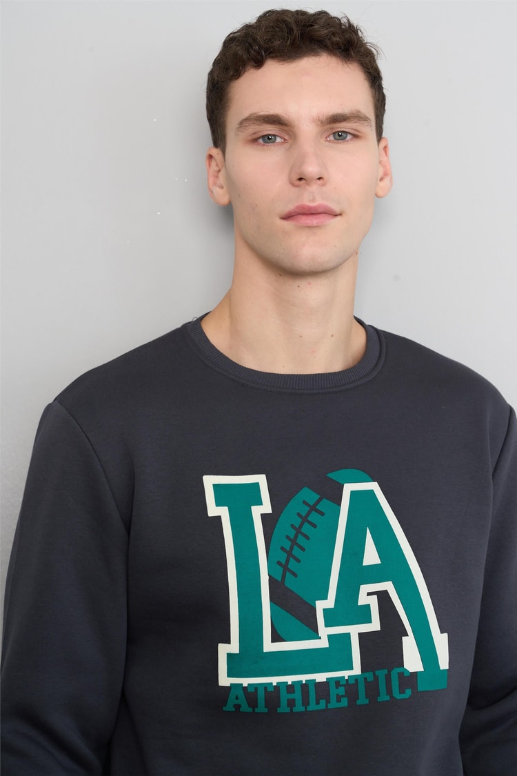 Mentality 3539 Bisiklet Yaka 3 İplik Şardonlu Baskılı Açık Lacivert Sweatshirt