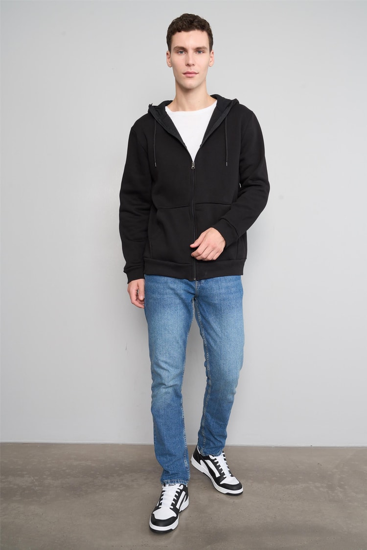 Mentality 3569 Kapüşonlu 3 İplik Şardonlu Siyah Sweatshirt