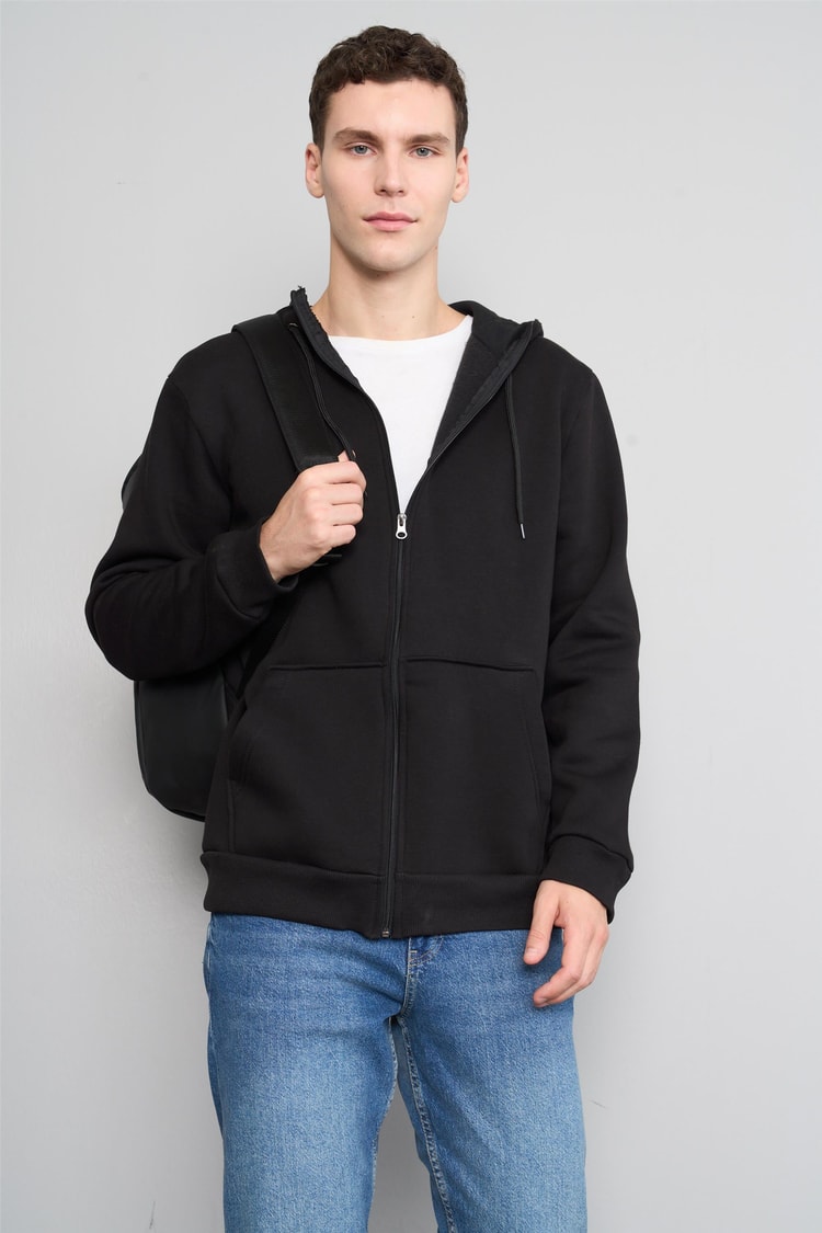 Mentality 3569 Kapüşonlu 3 İplik Şardonlu Siyah Sweatshirt