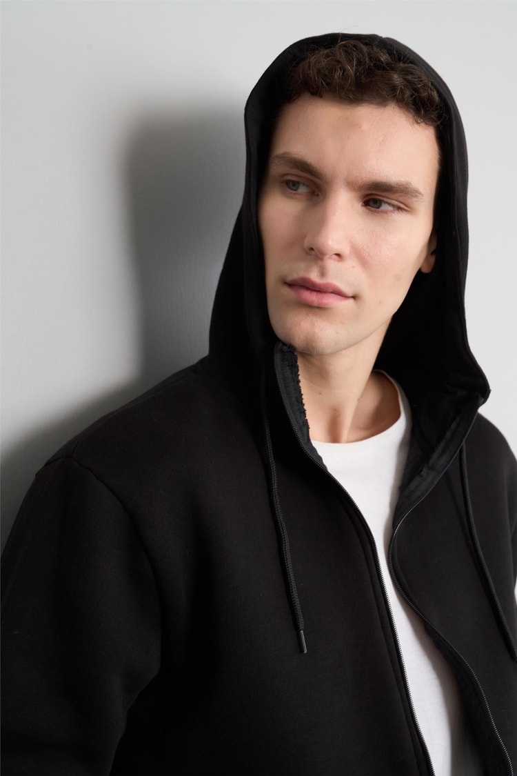 Mentality 3569 Kapüşonlu 3 İplik Şardonlu Siyah Sweatshirt