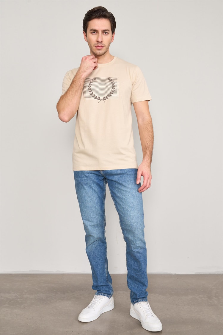 Mentality 4034 Erkek Bisiklet Yaka Baskılı Regular T-shirt Bej