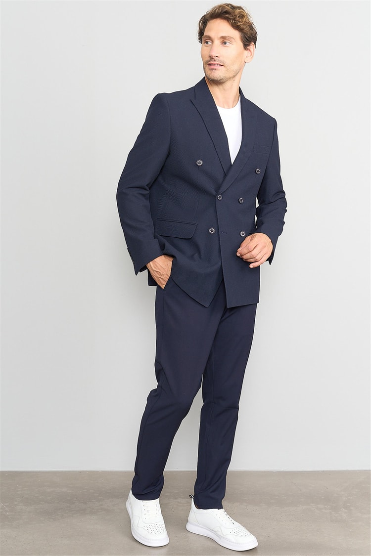 Mentality 4255 Erkek Sivri Yaka Slim Fit Kruvaze Ceket Lacivert