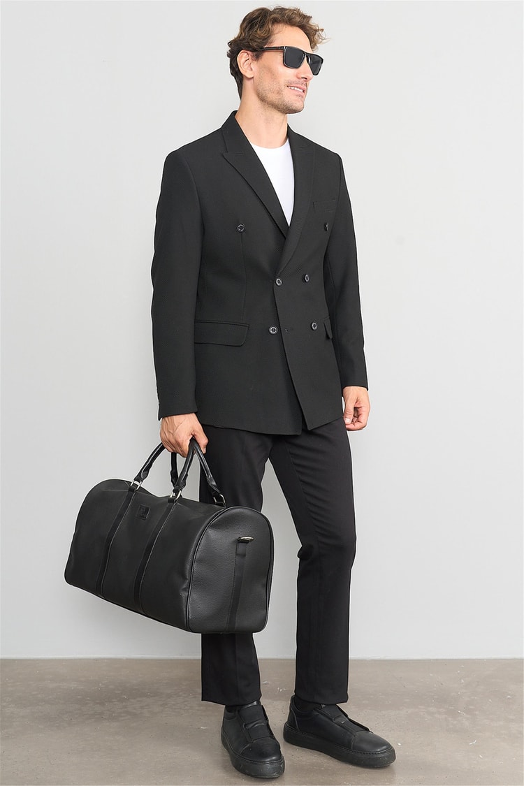 Mentality 4255 Erkek Sivri Yaka Slim Fit Kruvaze Ceket Siyah