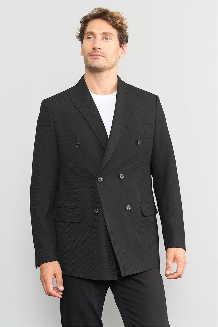 Mentality 4255 Erkek Sivri Yaka Slim Fit Kruvaze Ceket Siyah