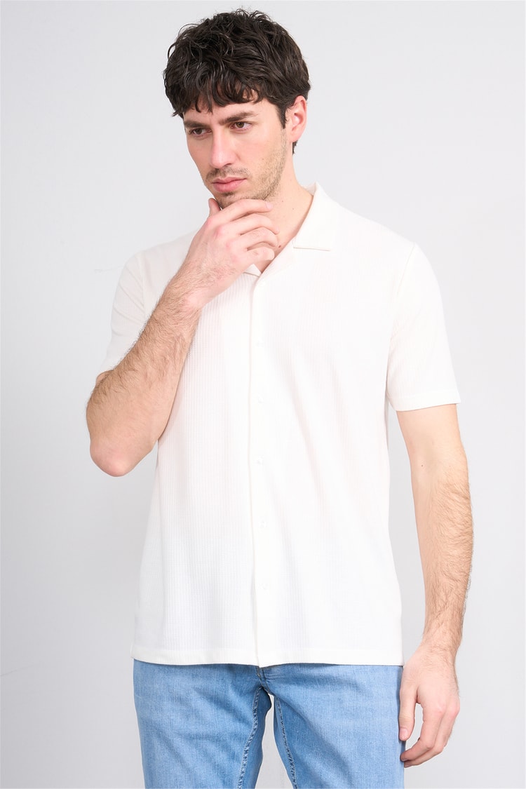 Mentality 4571 Erkek Apaş Yaka Kısa Kol Regular Örme Gömlek Beyaz