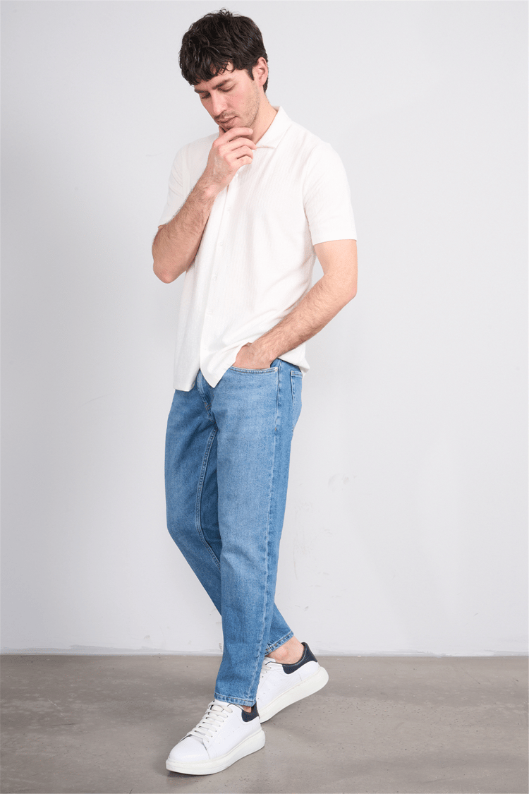 Mentality 4575 Erkek Apaş Yaka Kısa Kol Regular Örme Gömlek Beyaz