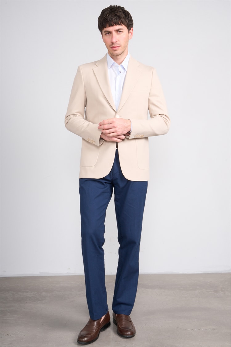 Mentality 4743 Erkek Mono Yaka Noa Desenli Örme Slimfit Tek Ceket Açık Bej
