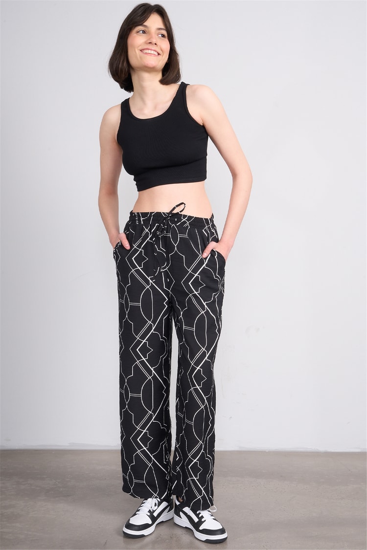 Miya Mira Modest 7080 Bayan Viskon Loose Fit Pantolon Siyah Geometrik Desen