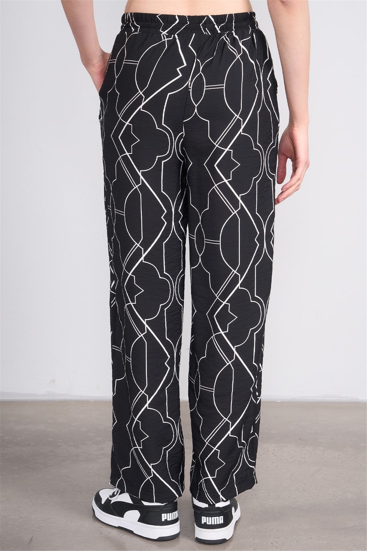 Miya Mira Modest 7080 Bayan Viskon Loose Fit Pantolon Siyah Geometrik Desen