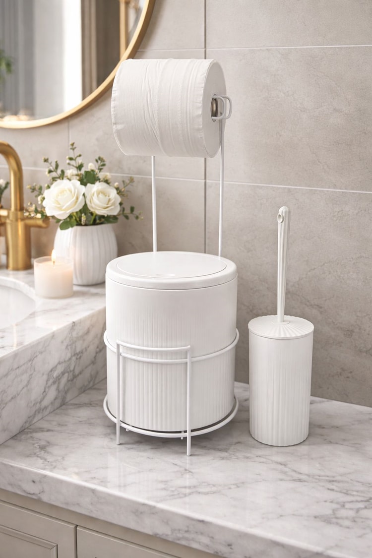 Modern Banyo Seti – Kapaklı Çöp Kovası, Tuvalet Kağıtlığı Ve WC Fırçası | Minimal Tasarım