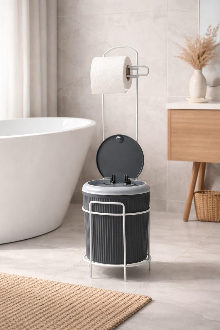 Modern Click Kapaklı 5 Lt  Banyo Kovası Ve Tuvalet Kağıtlığı – 2’Si 1 Arada Şık Tasarım