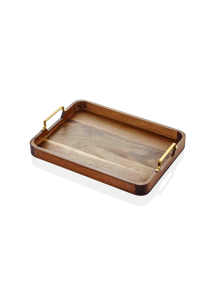 Natura Metal Kollu Akasya Tepsi 38x28 cm