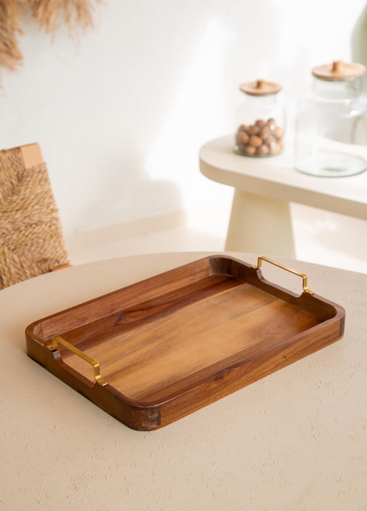 Natura Metal Kollu Akasya Tepsi 38x28 cm
