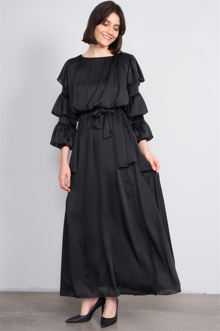 Nesil Y26 Eu3146 Siyah Kadın Kolu Kat Kat Elbise S-Xl