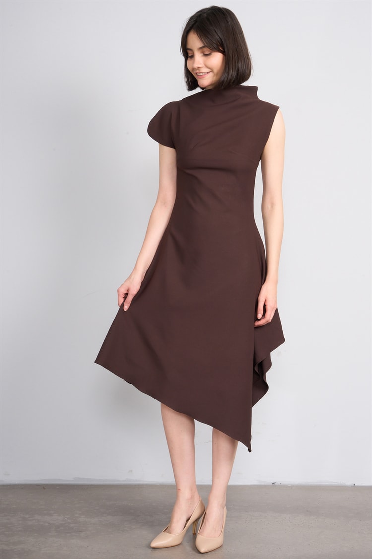 Nesil Y26 Eu3169 Kahve Kadın Asimetrik Yaka Midi Boy Elbise S-Xl