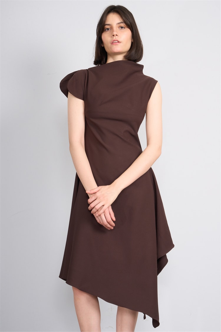 Nesil Y26 Eu3169 Kahve Kadın Asimetrik Yaka Midi Boy Elbise S-Xl