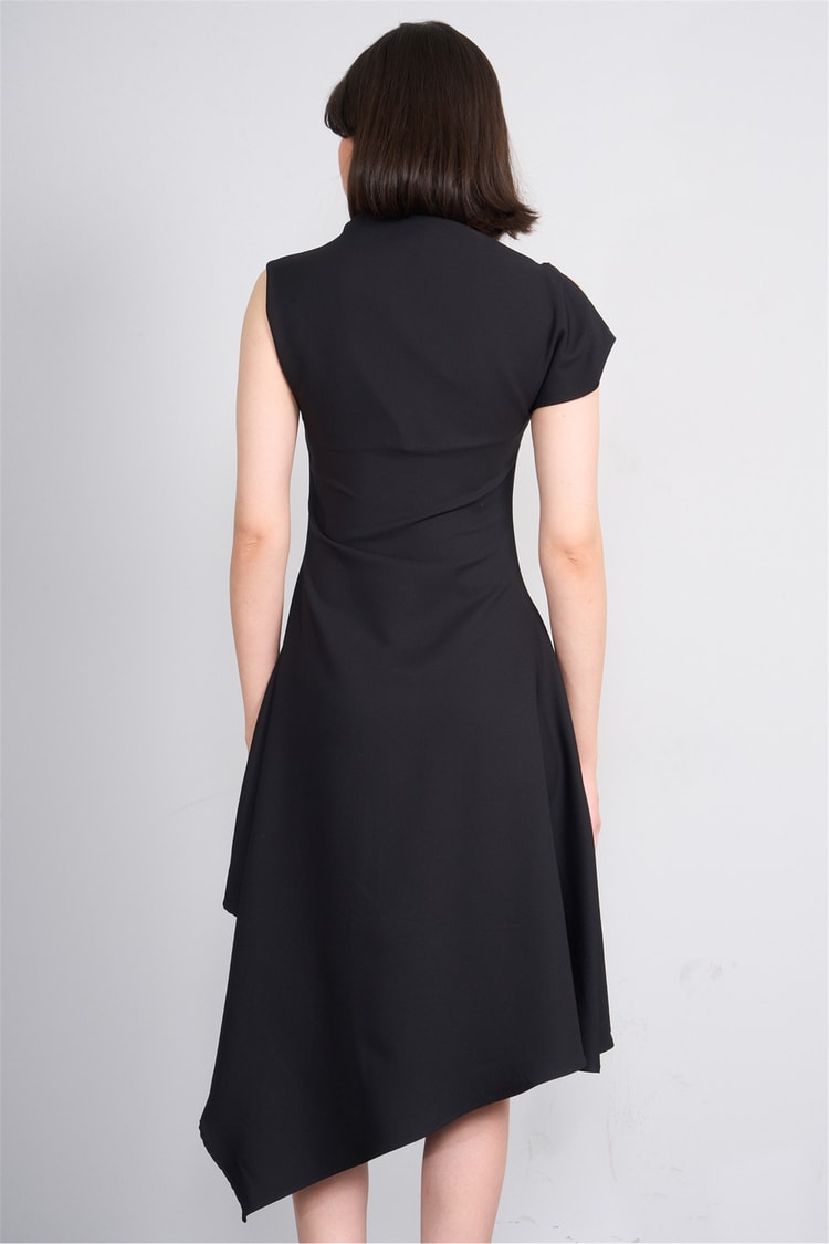 Nesil Y26 Eu3169 Siyah Kadın Asimetrik Yaka Midi Boy Elbise S-Xl