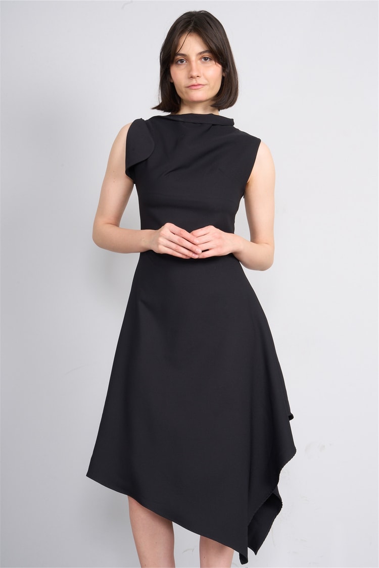 Nesil Y26 Eu3169 Siyah Kadın Asimetrik Yaka Midi Boy Elbise S-Xl