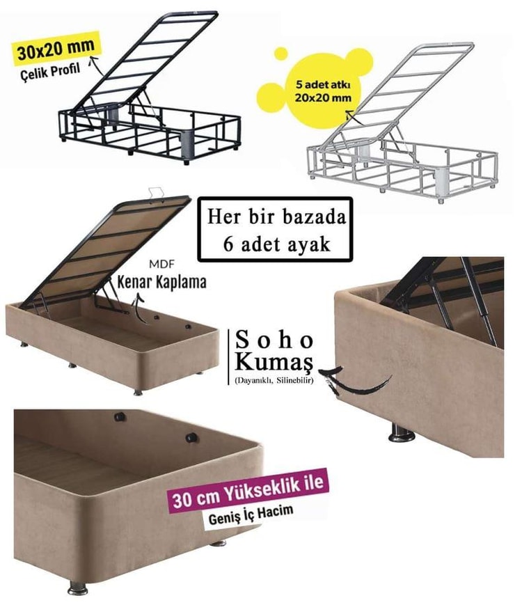 Niron Queen 120x200 Bir Buçuk Kişilik Pedli Yatak Seti Sütlü Kahve Kumaş Baza Başlık ve Yatak Takımı