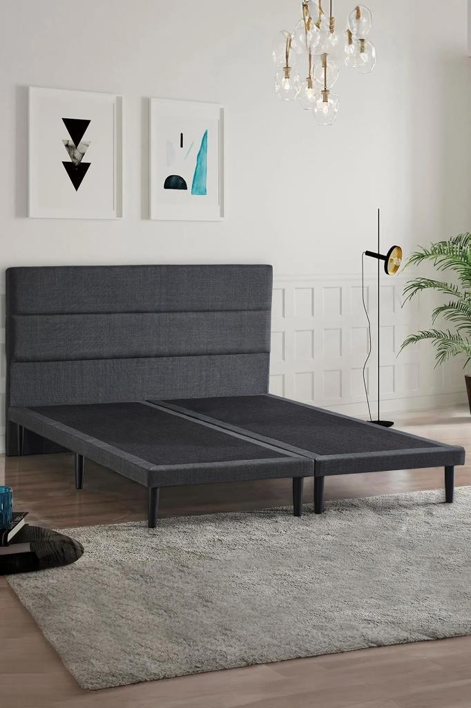Niron Slim Baza ve Başlık Takımı 200x200 Çift Kişilik Gri Kumaş Kaplı Metal Karyola ve Başlık Seti