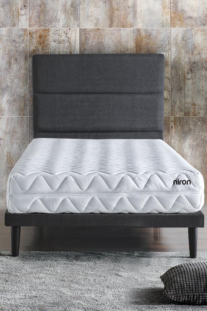 Niron Slim Pocket Yatak Seti 90x200 Tek Kişilik Paket Yaylı Yatak, Gri Metal Baza ve Başlık Takımı