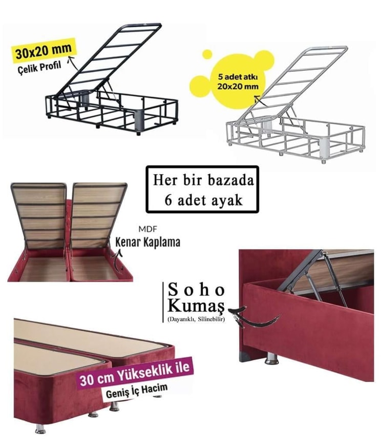 Niron Smart Yatak Baza Başlık Seti - 120x200 Tek Kişilik Full Ortopedik Yatak Baza ve Başlık Takımı