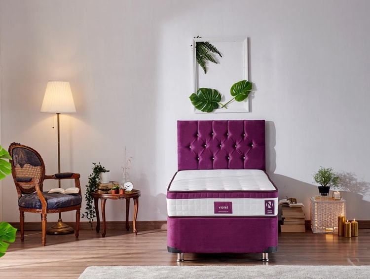 Niron Violet Yatak Seti 80x200 cm Tek Kişilik Yatak Baza Başlık Takımı - Orta Sert Yatak Mor Baza ve Başlığı