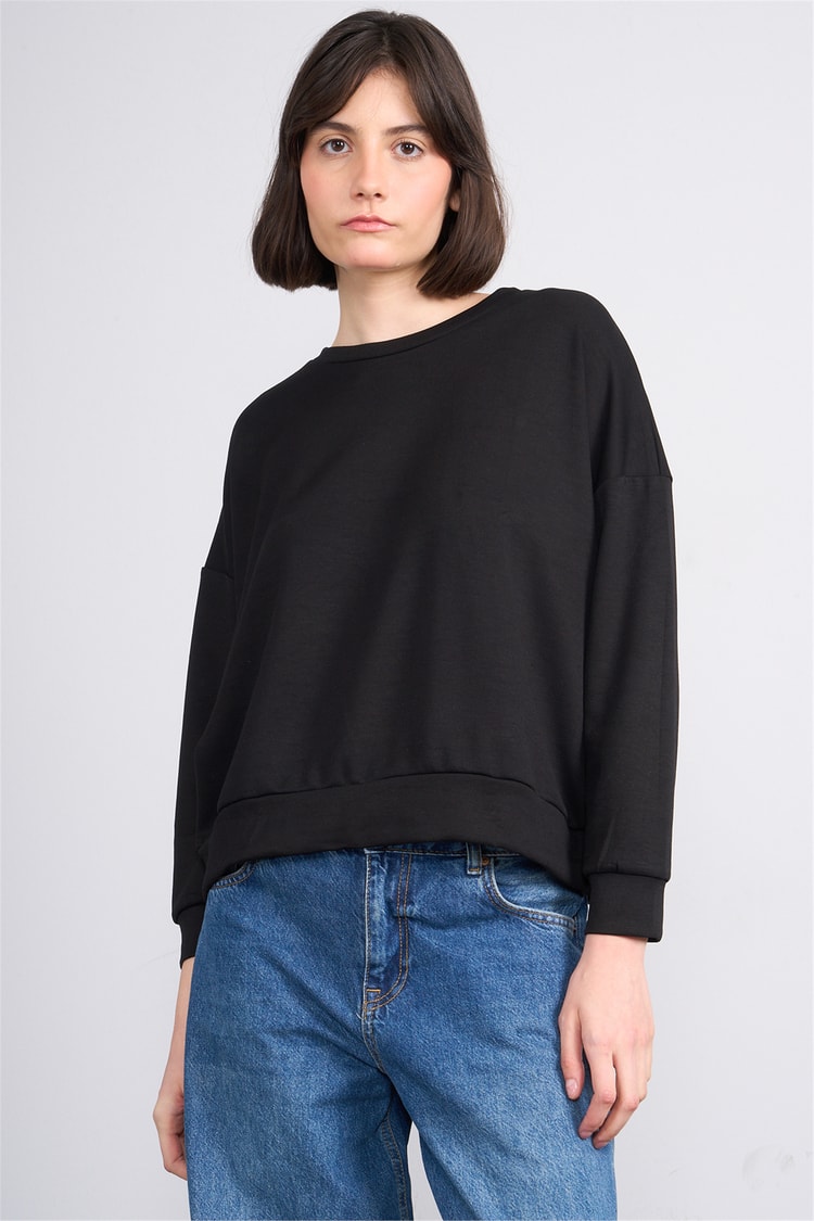 Pachie 8019 Bayan Bisiklet Yaka Uzun Kol Basic T-shirt Siyah