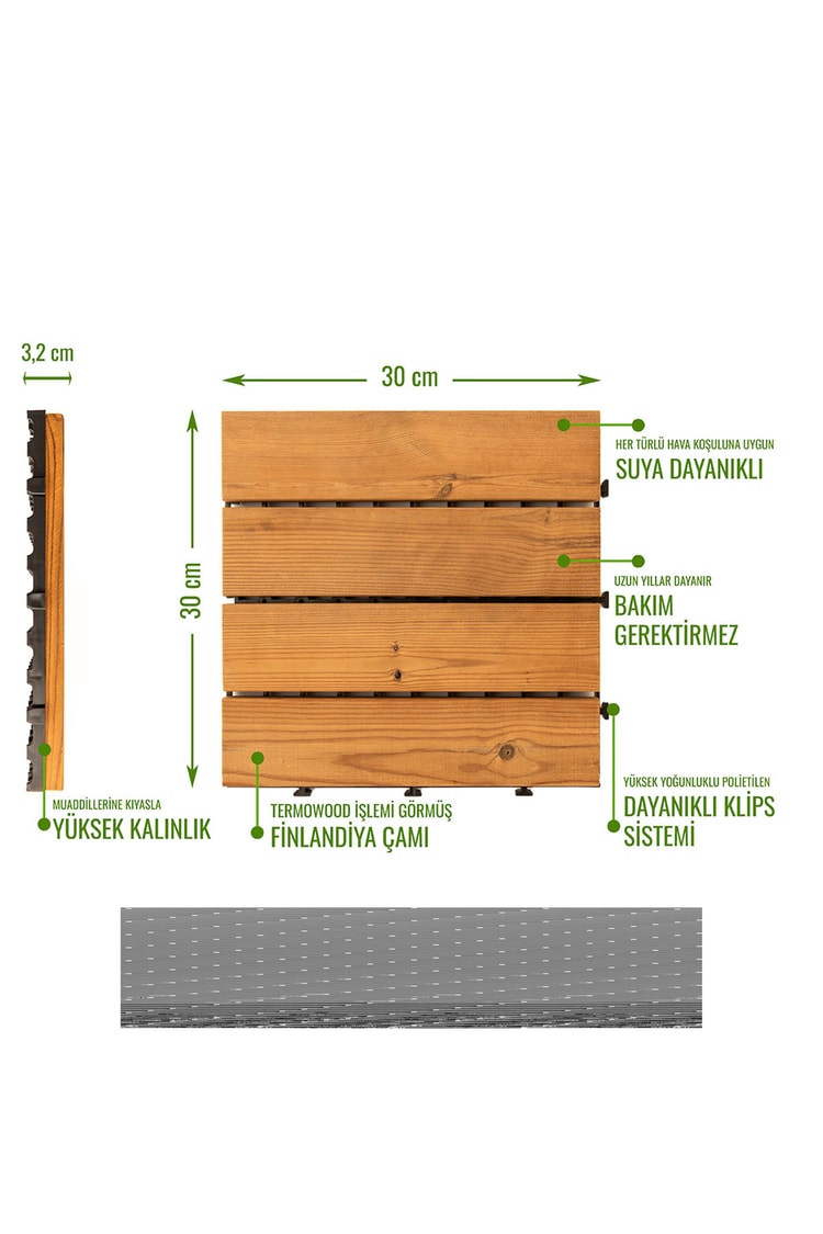 Pafu SUNSOE Fin Çamı Balkon Bahçe Ahşap Yer Döşemesi Karo Deck 30x30 cm 1 Adet (0,09m2)