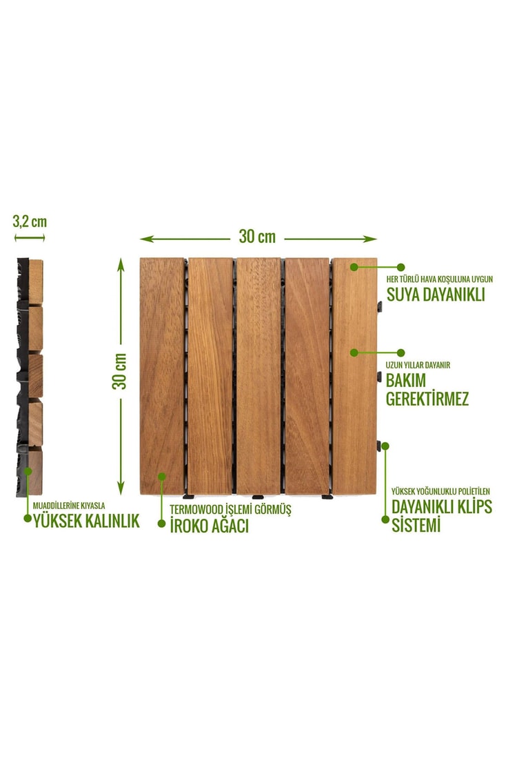 Pafu SUNSOE İroko Ağacı Balkon Bahçe Ahşap Yer Döşemesi Karo Deck 30x30 cm – 10 Adet (0,9m2)