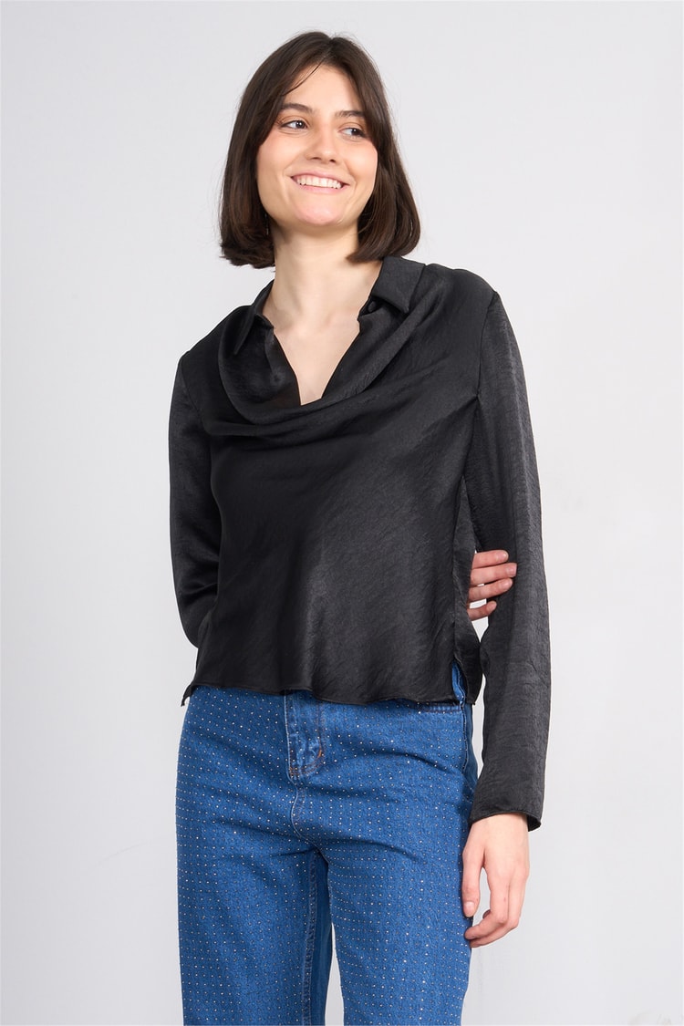 Patara Y26 26-2470 Siyah Kadın Degaje Yaka Bluz S-Xxl